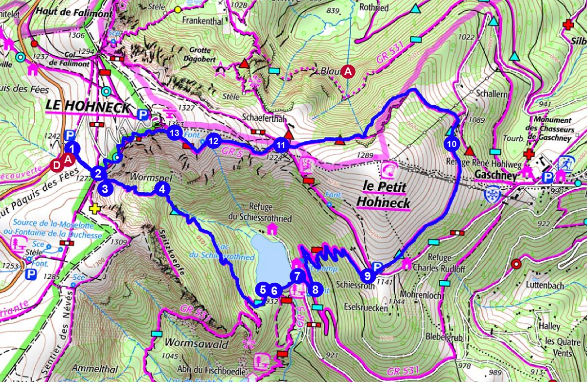 Carte IGN Randonnée au Lac Schiessrothied depuis le Hohneck