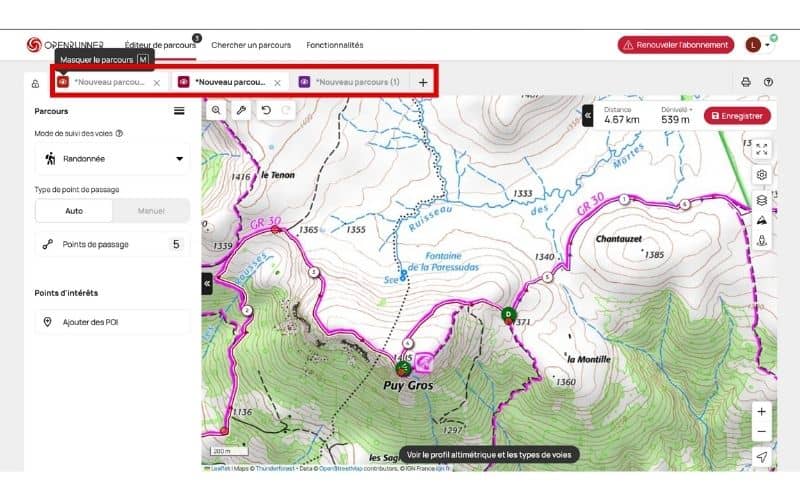 Les onglets Openrunner
