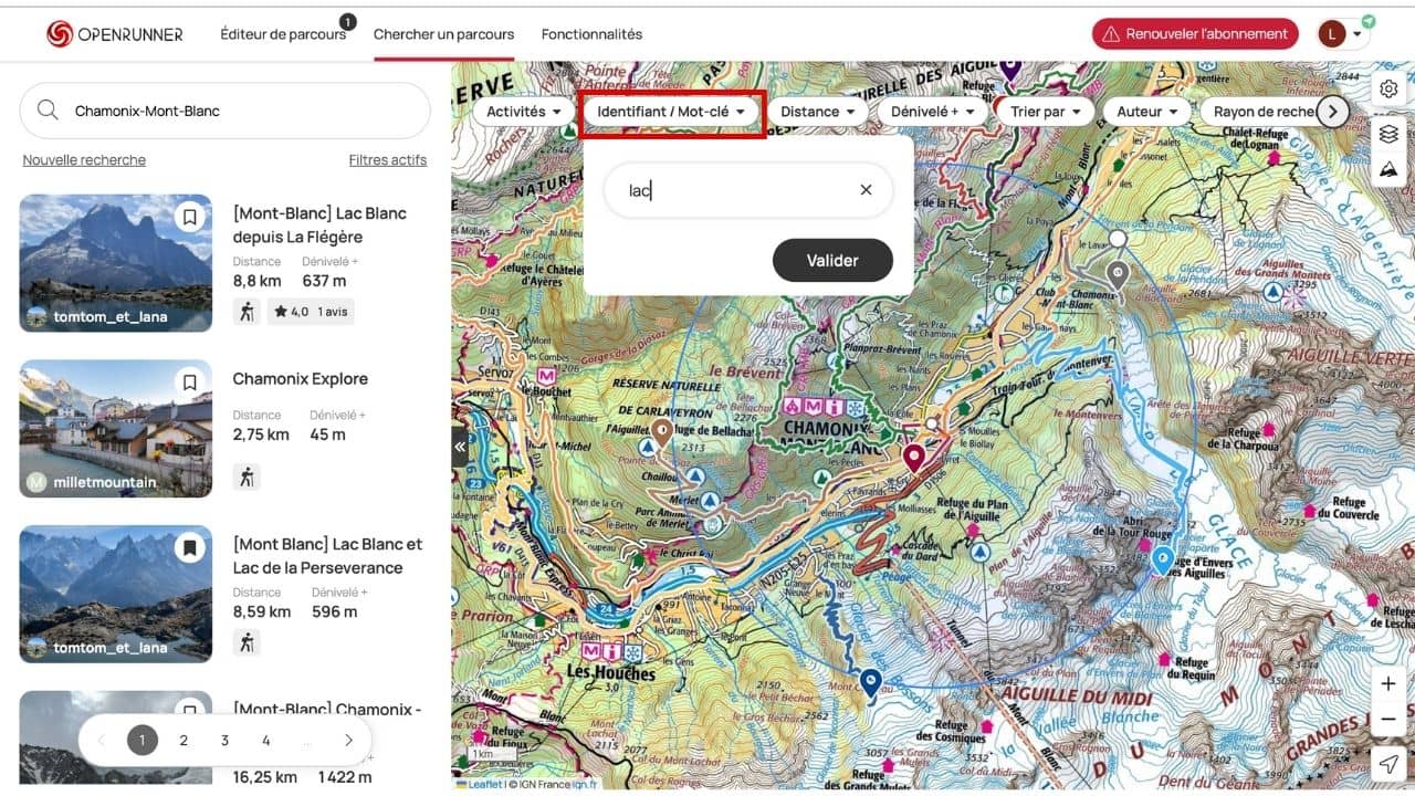 chercher parcours mots clés openrunner