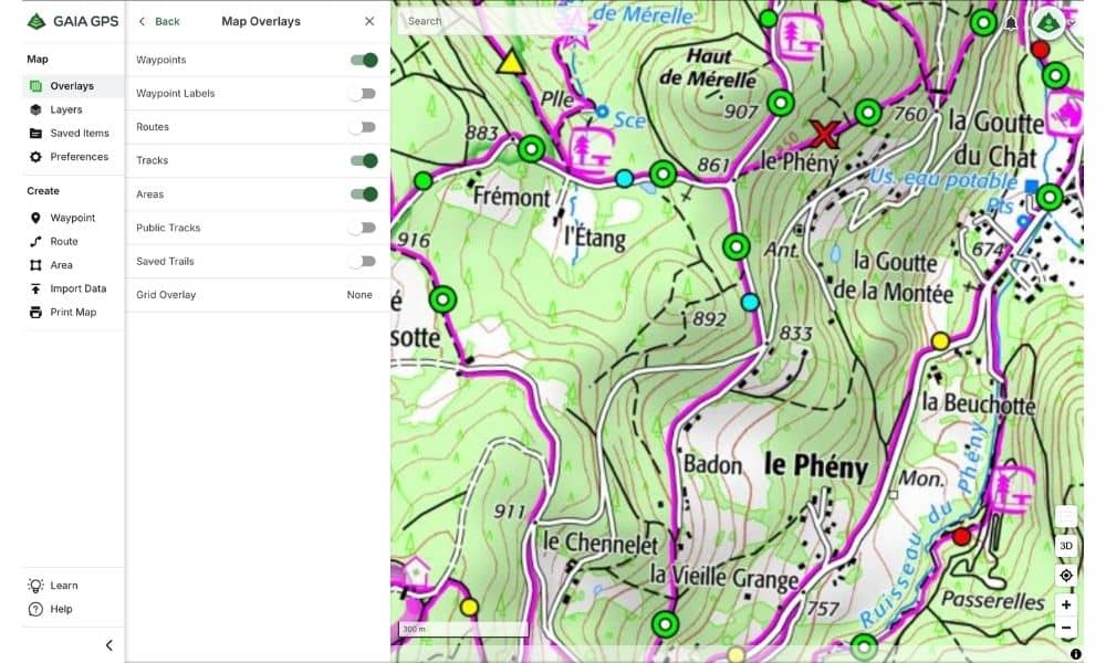 Menu Overlays application Gaia GPS