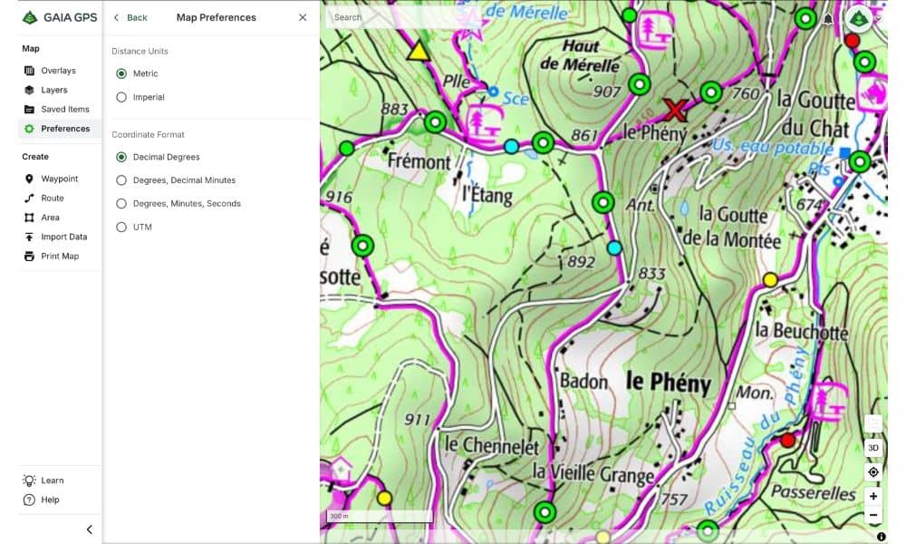 Menu préférences Gaia GPS