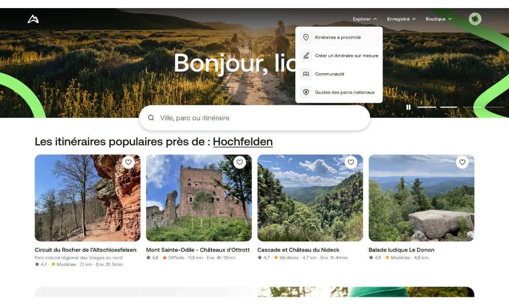 application Alltrails menu explorer